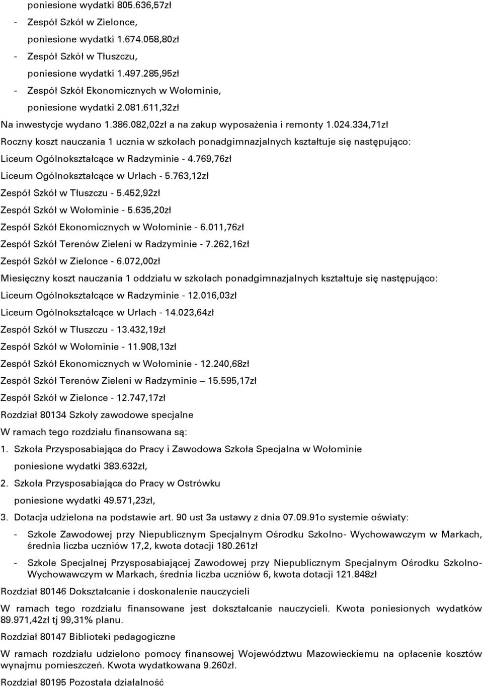 334,71zł Roczny koszt nauczania 1 ucznia w szkołach ponadgimnazjalnych kształtuje siň nastňpujņco: Liceum Ogólnokształcņce w Radzyminie - 4.769,76zł Liceum Ogólnokształcņce w Urlach - 5.