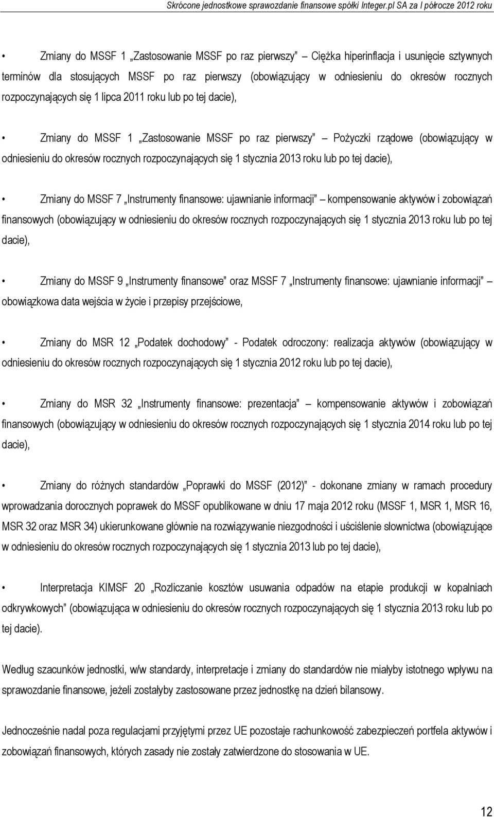 stycznia 2013 roku lub po tej dacie), Zmiany do MSSF 7 Instrumenty finansowe: ujawnianie informacji kompensowanie aktywów i zobowiązań finansowych (obowiązujący w odniesieniu do okresów rocznych