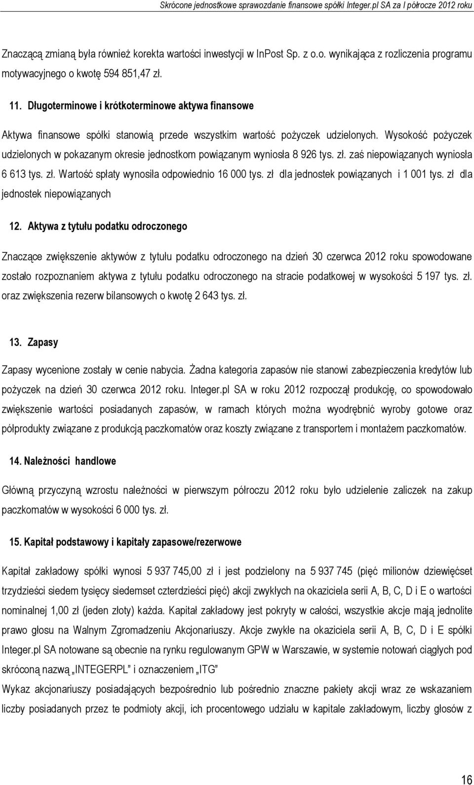 Wysokość pożyczek udzielonych w pokazanym okresie jednostkom powiązanym wyniosła 8 926 tys. zł. zaś niepowiązanych wyniosła 6 613 tys. zł. Wartość spłaty wynosiła odpowiednio 16 000 tys.