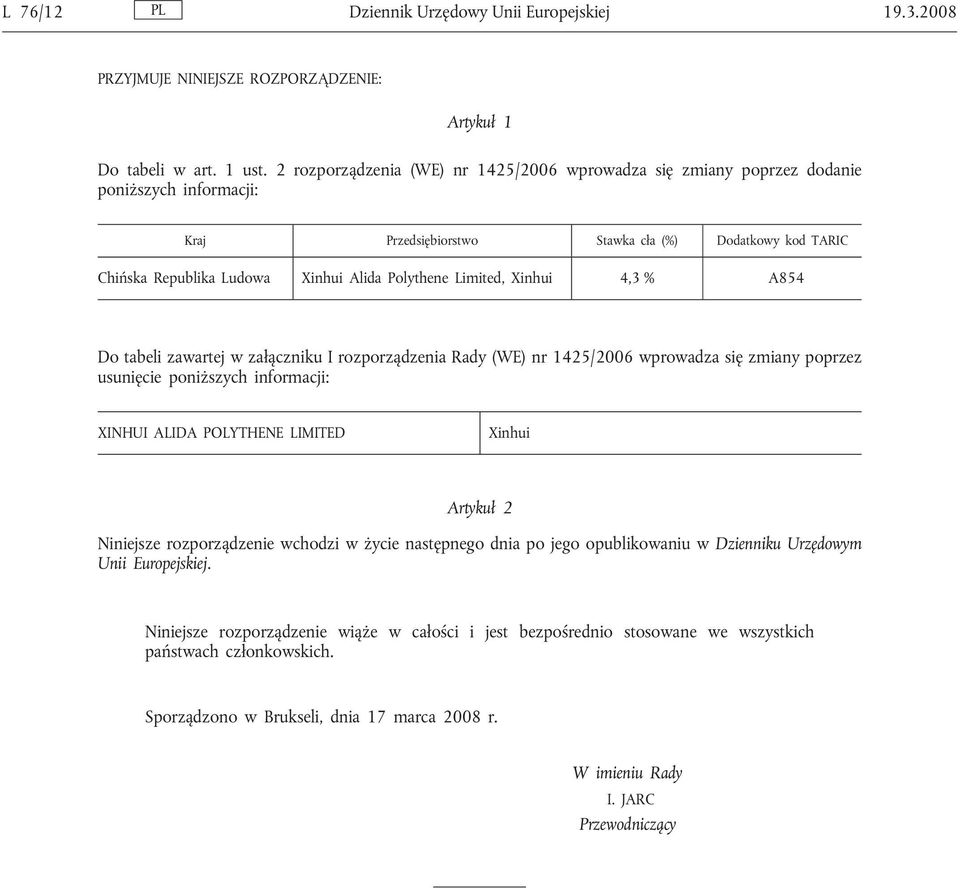 Limited, Xinhui 4,3 % A854 Do tabeli zawartej w załączniku I rozporządzenia Rady (WE) nr 1425/2006 wprowadza się zmiany poprzez usunięcie poniższych informacji: XINHUI ALIDA POLYTHENE LIMITED Xinhui