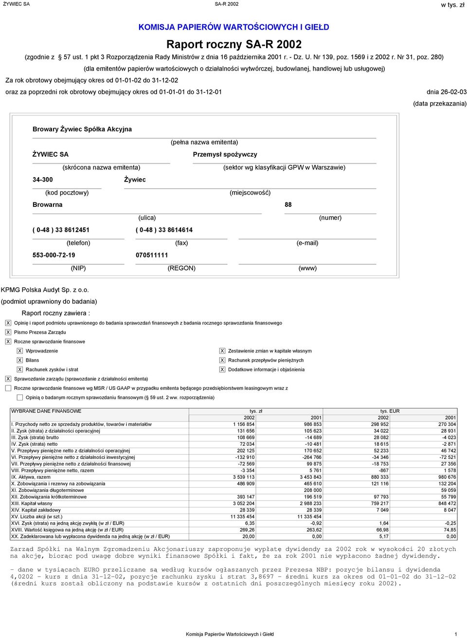 280) (dla emitentów papierów wartościowych o działalności wytwórczej, budowlanej, handlowej lub usługowej) Za rok obrotowy obejmujący okres od 01-01-02 do 31-12-02 oraz za poprzedni rok obrotowy