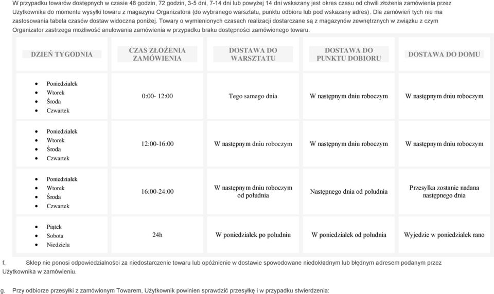 Towary o wymienionych czasach realizacji dostarczane są z magazynów zewnętrznych w związku z czym Organizator zastrzega możliwość anulowania zamówienia w przypadku braku dostępności zamówionego