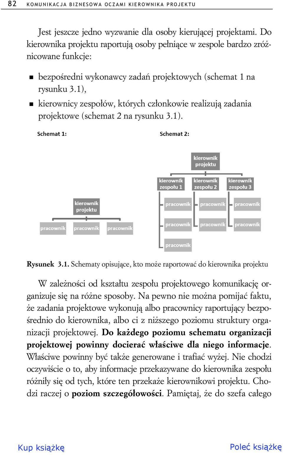 1), kierownicy zespo ów, których cz onkowie realizuj zadania projektowe (schemat 2 na rysunku 3.1). Rysunek 3.1. Schematy opisuj ce, kto mo e raportowa do kierownika projektu W zale no ci od kszta tu zespo u projektowego komunikacj organizuje si na ró ne sposoby.