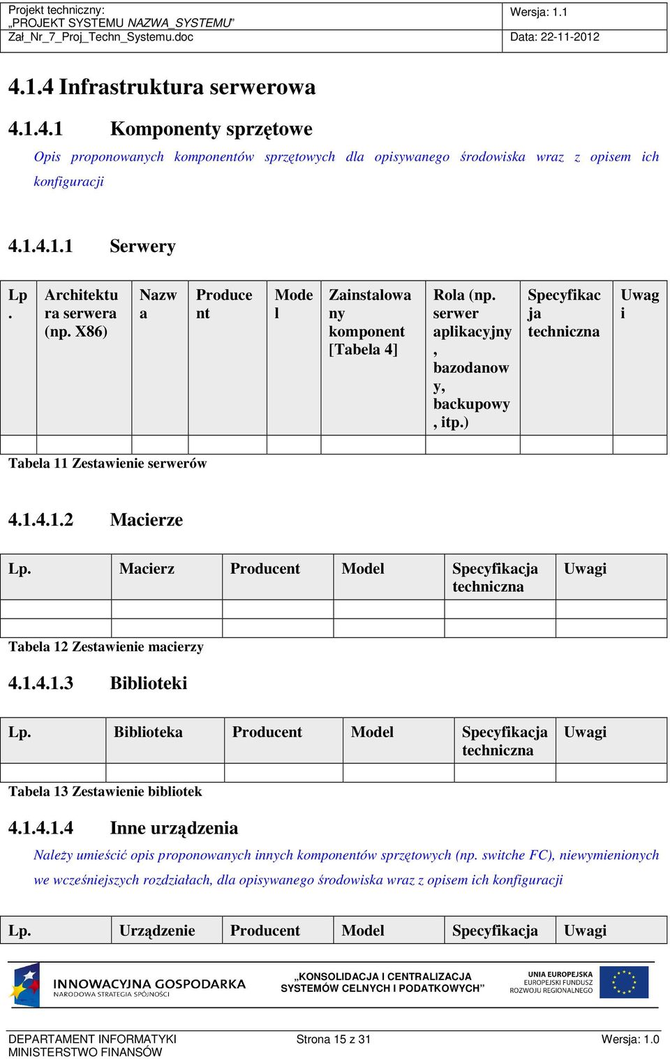 ) Specyfikac ja techniczna Uwag i Tabela 11 Zestawienie serwerów 4.1.4.1.2 Macierze Lp. Macierz Producent Model Specyfikacja techniczna Uwagi Tabela 12 Zestawienie macierzy 4.1.4.1.3 Biblioteki Lp.