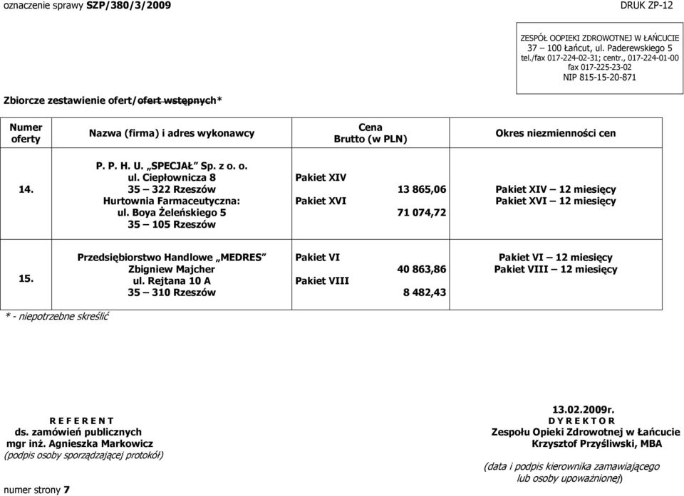 Boya śeleńskiego 5 35 105 Rzeszów Pakiet XIV I 13 865,06 71 074,72 Pakiet XIV 12