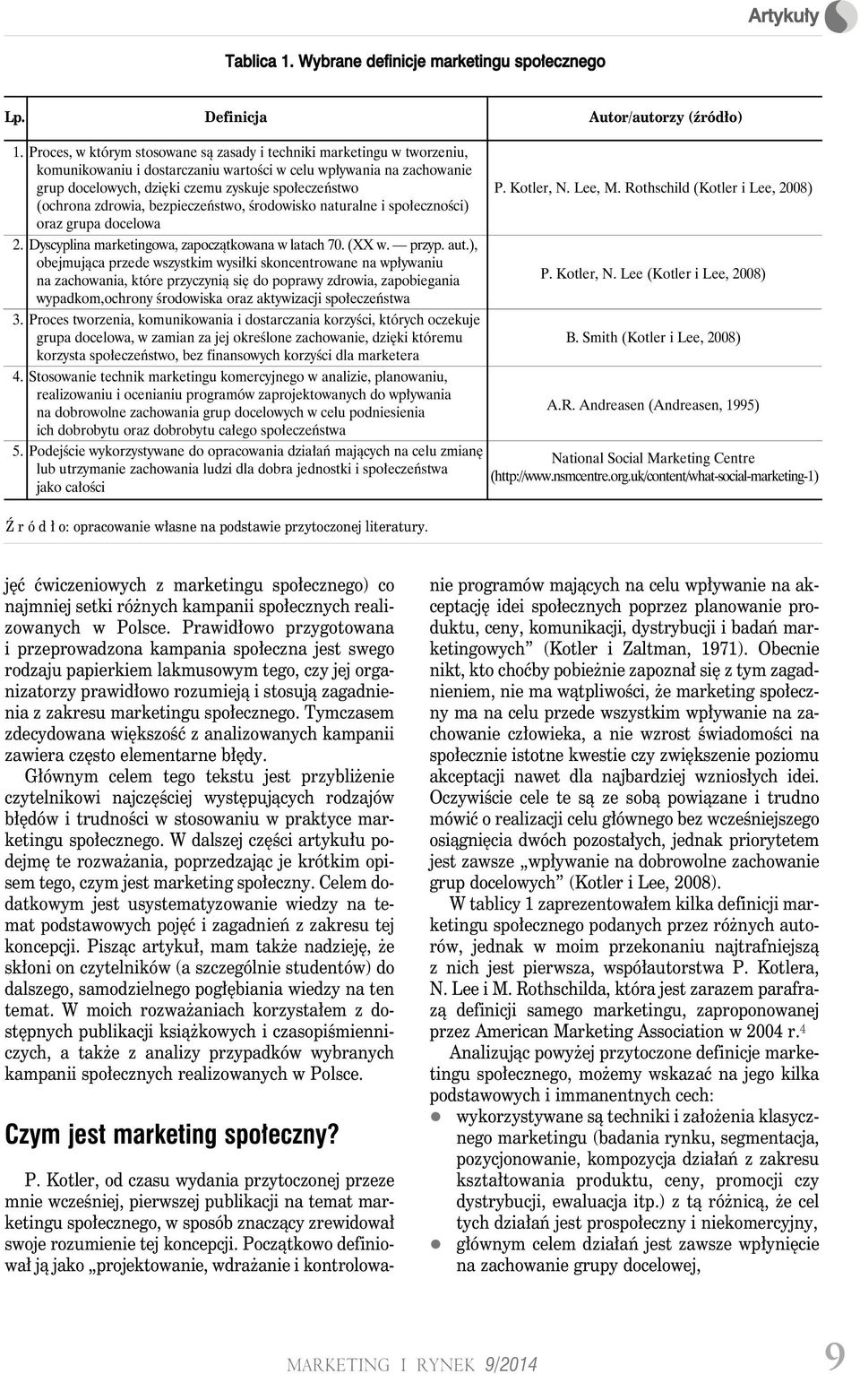 Kotler, N. Lee, M. Rothschild (Kotler i Lee, 2008) (ochrona zdrowia, bezpieczeństwo, środowisko naturalne i społeczności) oraz grupa docelowa 2. Dyscyplina marketingowa, zapoczątkowana w latach 70.