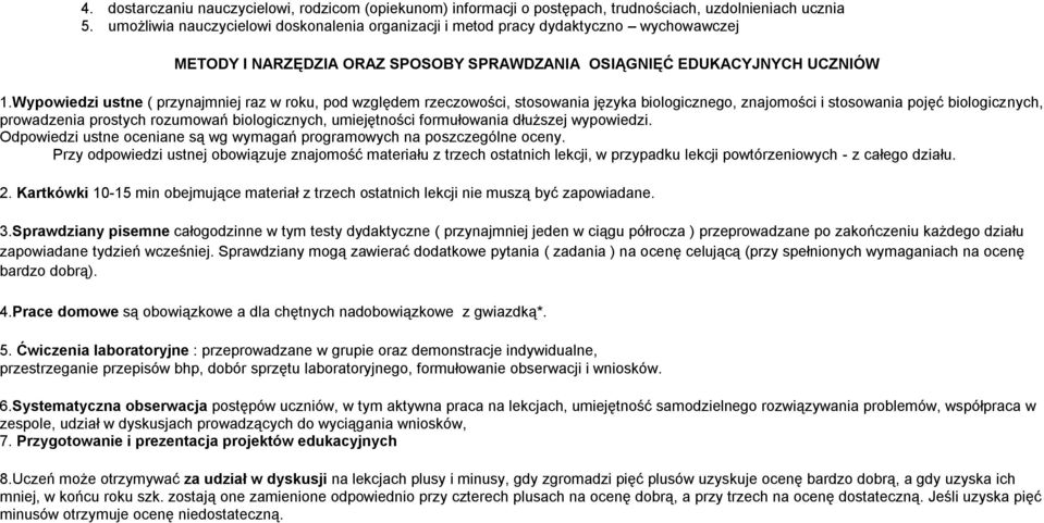 Wypowiedzi ustne ( przynajmniej raz w roku, pod względem rzeczowości, stosowania języka biologicznego, znajomości i stosowania pojęć biologicznych, prowadzenia prostych rozumowań biologicznych,