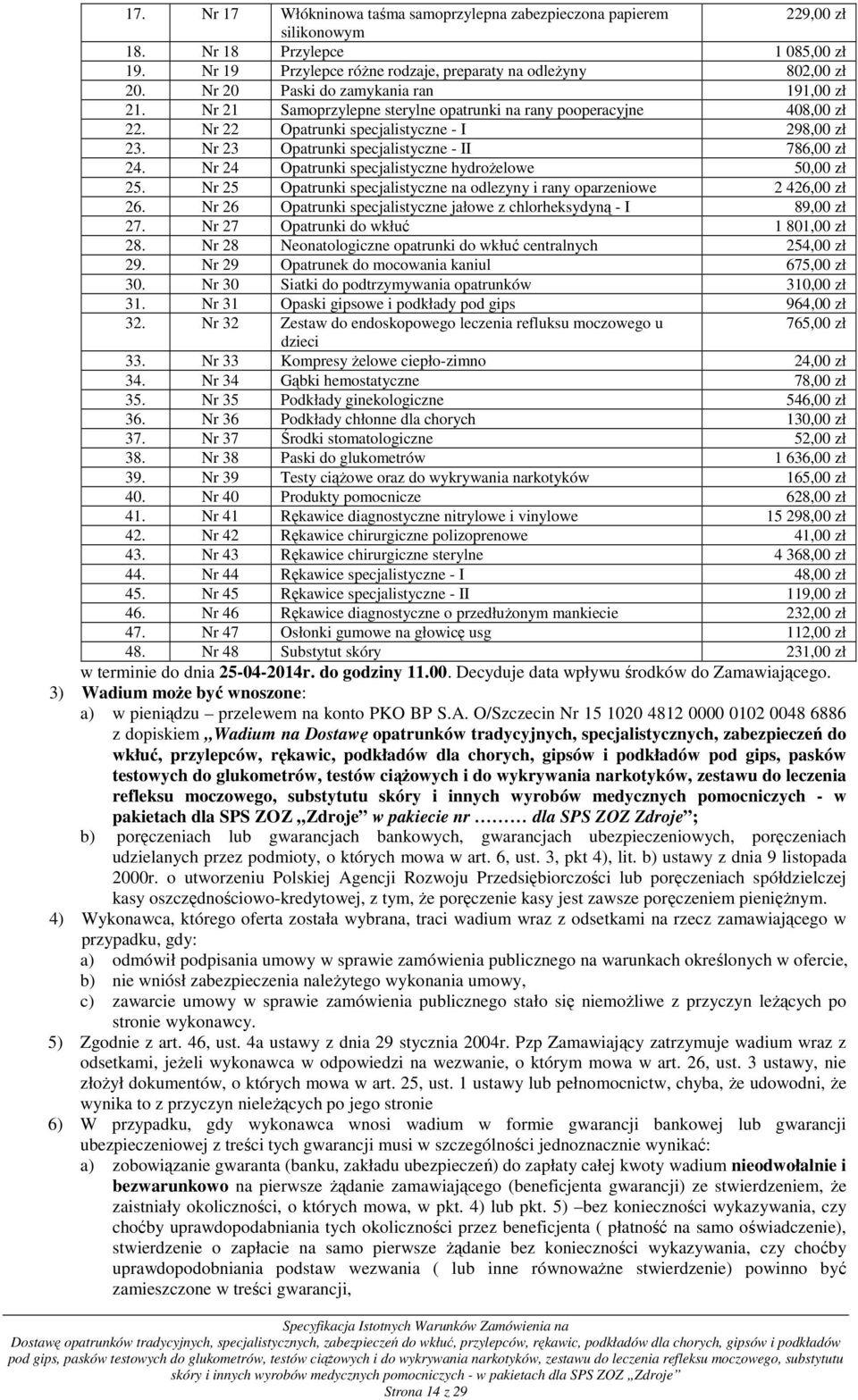 Nr 23 Opatrunki specjalistyczne - II 786,00 zł 24. Nr 24 Opatrunki specjalistyczne hydroŝelowe 50,00 zł 25. Nr 25 Opatrunki specjalistyczne na odlezyny i rany oparzeniowe 2 426,00 zł 26.