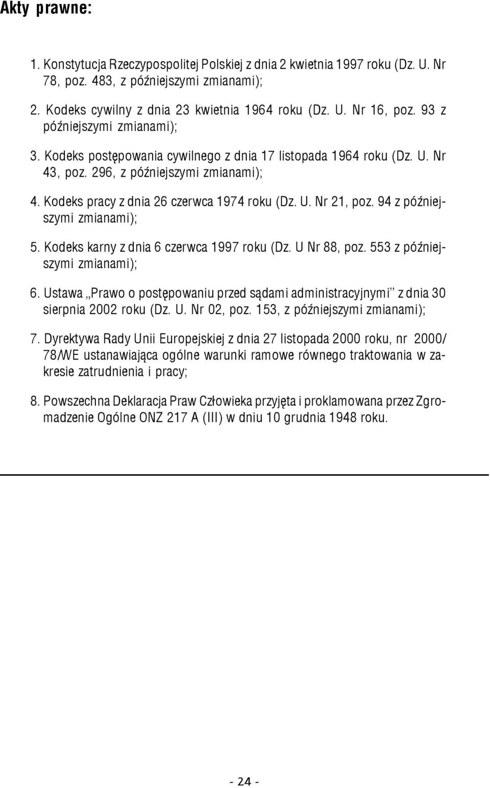 94 z póÿniejszymi zmianami); 5. Kodeks karny z dnia 6 czerwca 1997 roku (Dz. U Nr 88, poz. 553 z póÿniejszymi zmianami); 6.