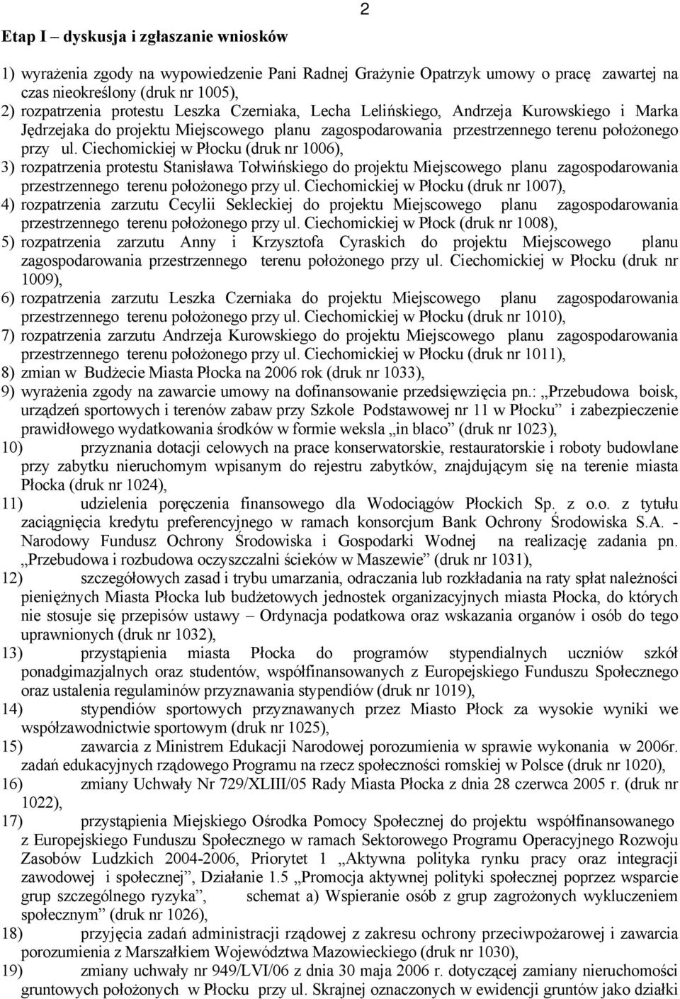 Ciechomickiej w Płocku (druk nr 1006), 3) rozpatrzenia protestu Stanisława Tołwińskiego do projektu Miejscowego planu zagospodarowania przestrzennego terenu położonego przy ul.