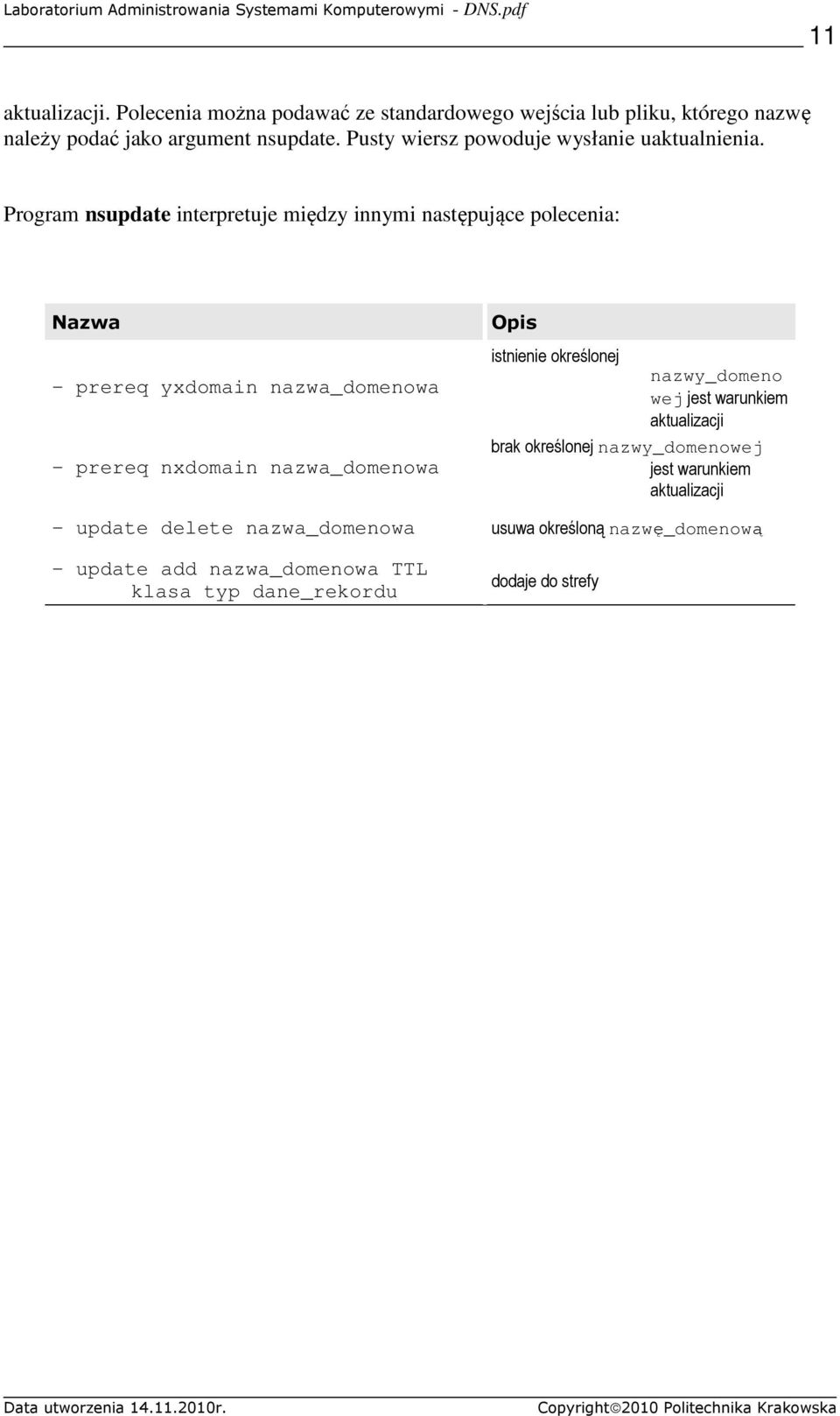 Program nsupdate interpretuje między innymi następujące polecenia: - prereq yxdomain nazwa_domenowa - prereq nxdomain nazwa_domenowa