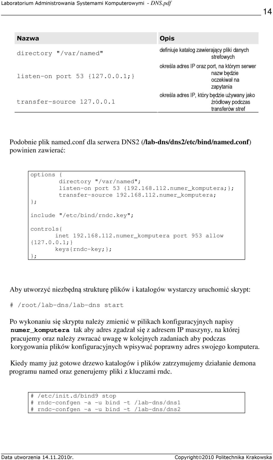 używany jako źródłowy podczas transferów stref Podobnie plik named.conf dla serwera DNS2 (/lab-dns/dns2/etc/bind/named.