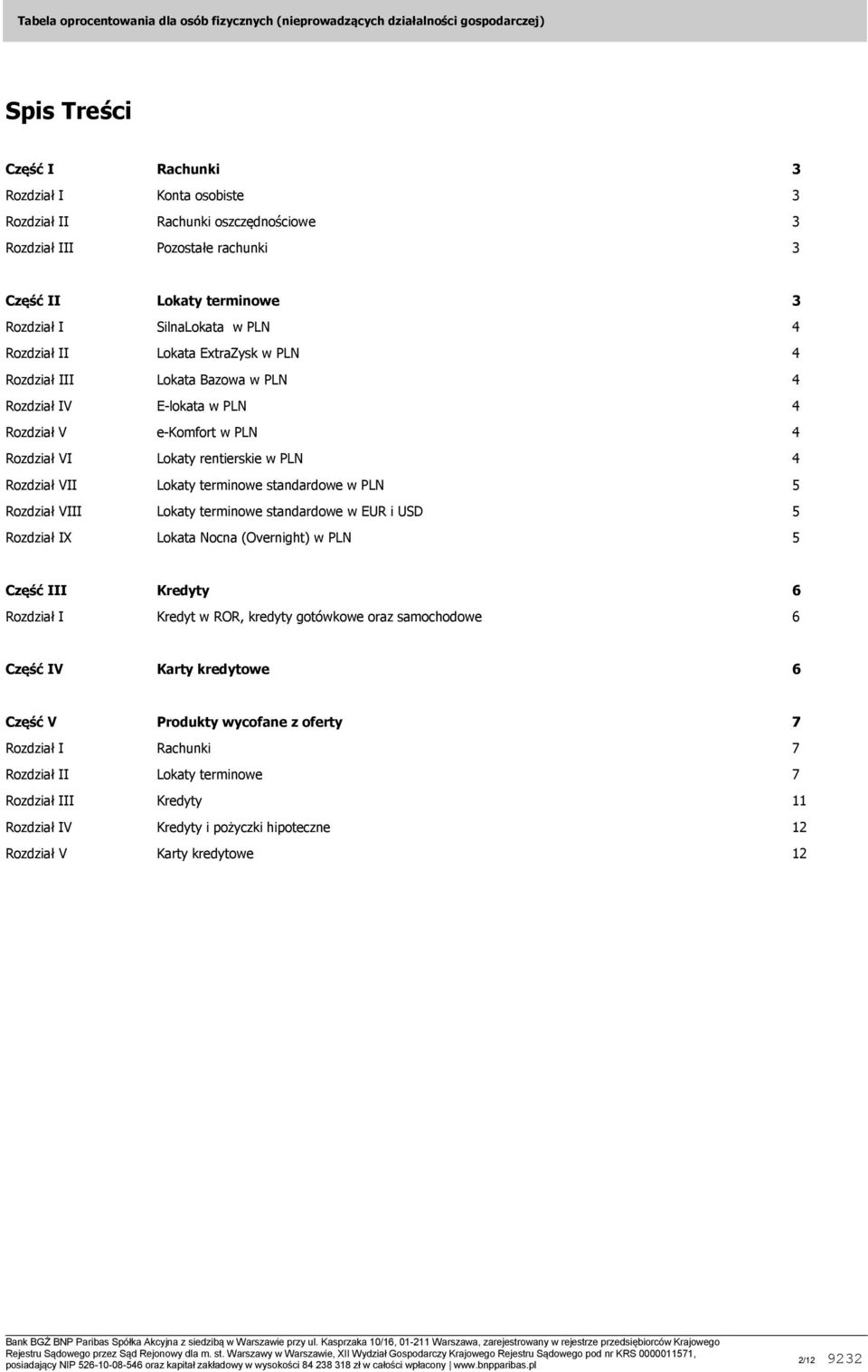 standardowe w PLN 5 Rozdział VIII Lokaty terminowe standardowe w EUR i USD 5 Rozdział IX Lokata Nocna (Overnight) w PLN 5 Część III Kredyty 6 Rozdział I Kredyt w ROR, kredyty gotówkowe oraz