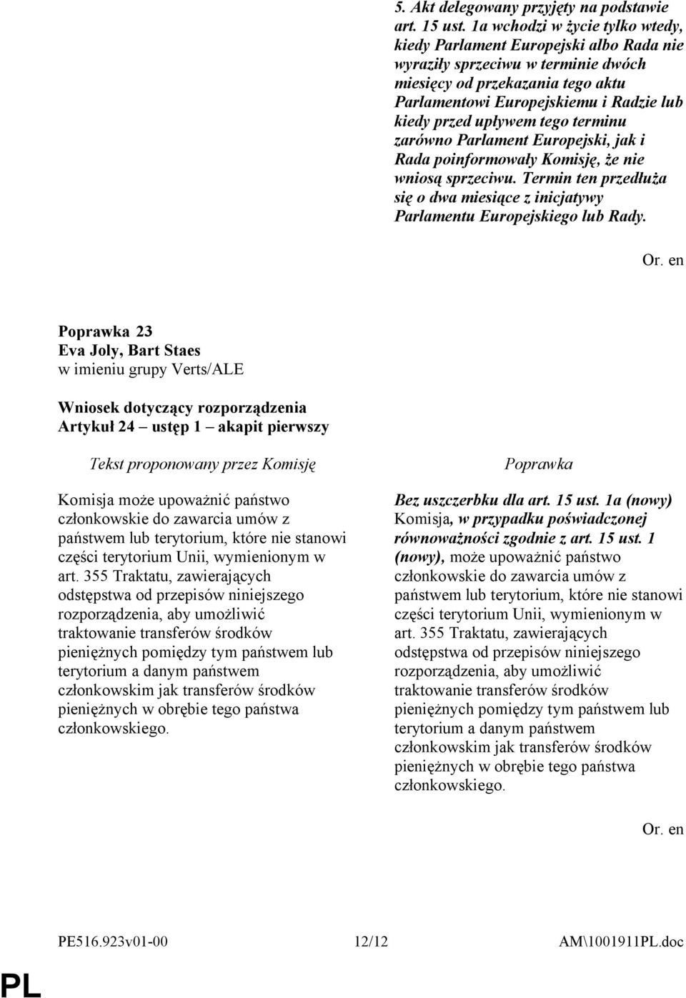 upływem tego terminu zarówno Parlament Europejski, jak i Rada poinformowały Komisję, że nie wniosą sprzeciwu. Termin ten przedłuża się o dwa miesiące z inicjatywy Parlamentu Europejskiego lub Rady.