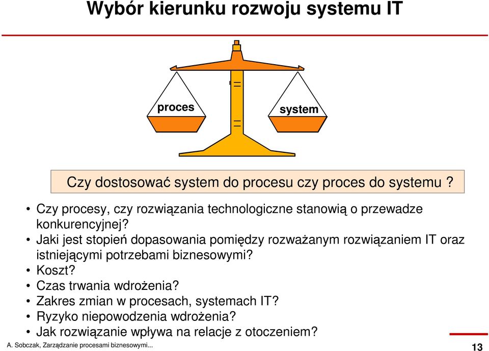 Jaki jest stopień dopasowania pomiędzy rozwaŝanym rozwiązaniem IT oraz istniejącymi potrzebami biznesowymi?