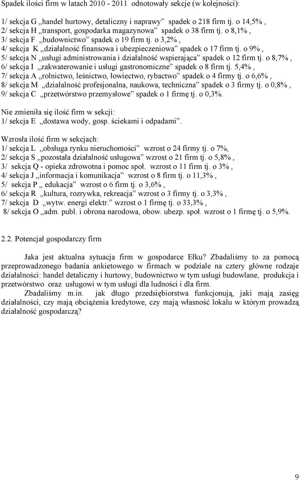 o 3,2%, 4/ sekcja K działalność finansowa i ubezpieczeniowa spadek o 17 firm tj. o 9%, 5/ sekcja N usługi administrowania i działalność wspierająca spadek o 12 firm tj.