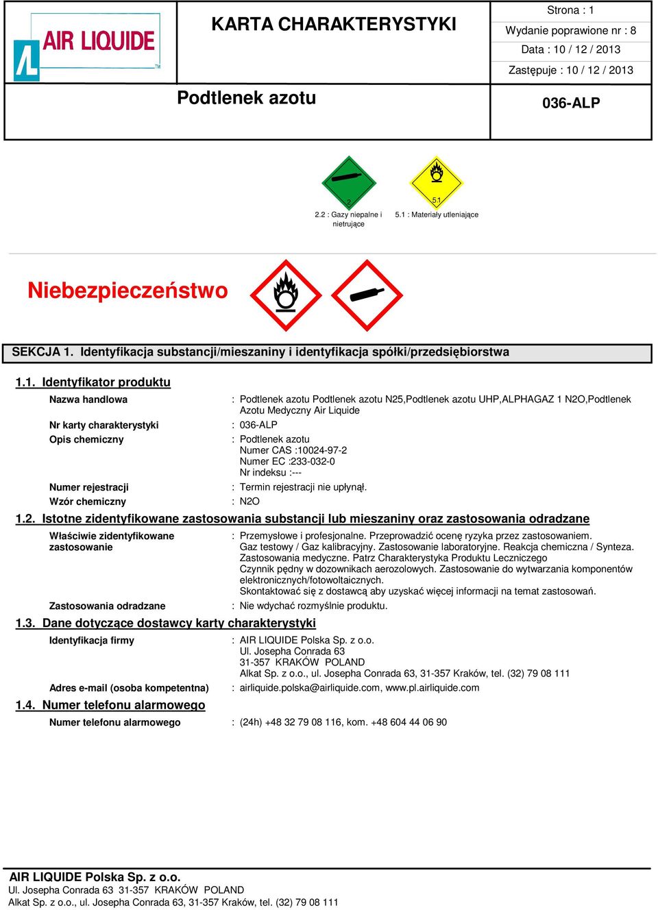 : Materiały utleniające nietrujące Niebezpieczeństwo MœM«SEKCJA 1.