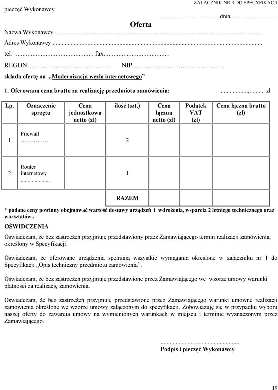 ) Cena łączna netto (zł) Podatek VAT (zł) Cena łączna brutto (zł) 1 Firewall 2 2 Router internetowy.