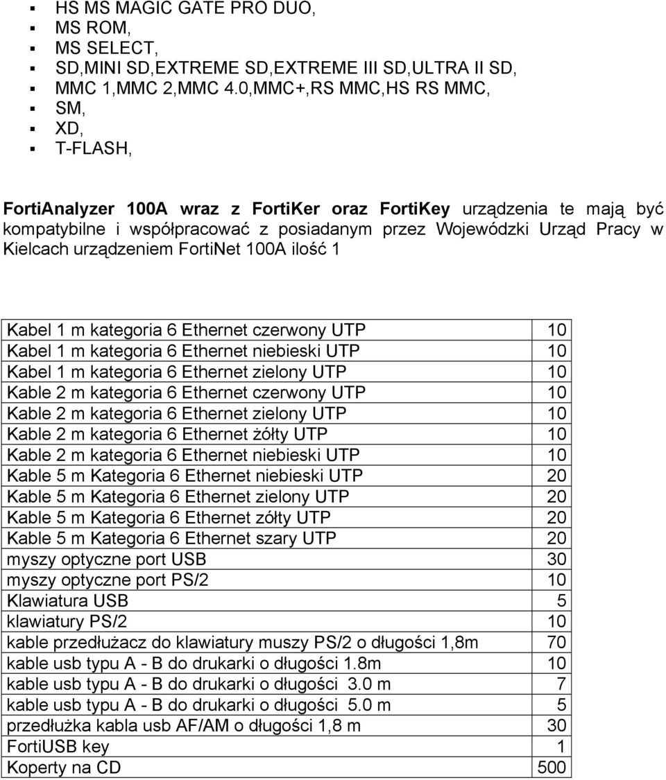 urządzeniem FortiNet 100A ilość 1 Kabel 1 m kategoria 6 Ethernet czerwony UTP 10 Kabel 1 m kategoria 6 Ethernet niebieski UTP 10 Kabel 1 m kategoria 6 Ethernet zielony UTP 10 Kable 2 m kategoria 6