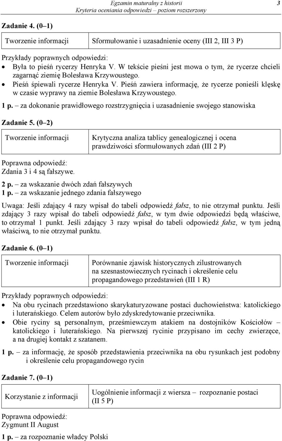 Pieśń zawiera informację, że rycerze ponieśli klęskę w czasie wyprawy na ziemie Bolesława Krzywoustego. 1 p. za dokonanie prawidłowego rozstrzygnięcia i uzasadnienie swojego stanowiska Zadanie 5.