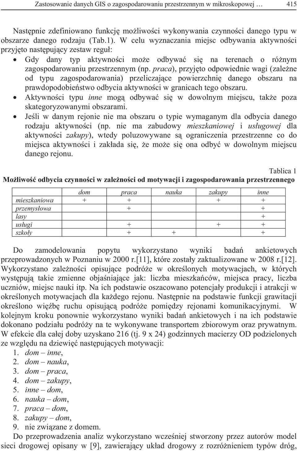 praca), przyj to odpowiednie wagi (zale ne od typu zagospodarowania) przeliczaj ce powierzchni danego obszaru na prawdopodobie stwo odbycia aktywno ci w granicach tego obszaru.