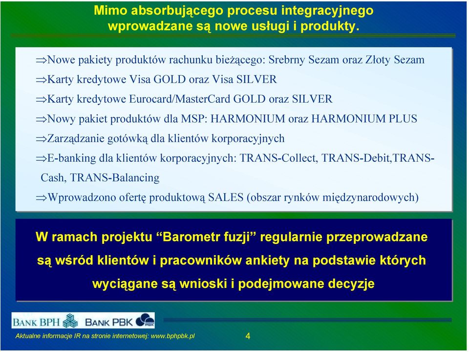 Nowy pakiet produktów dla MSP: HARMONIUM oraz HARMONIUM PLUS Zarządzanie gotówką dla klientów korporacyjnych E-banking dla klientów korporacyjnych: TRANS-Collect,