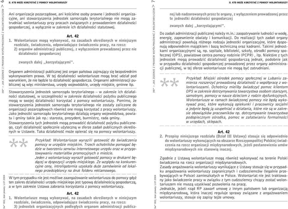 wolontariuszy przy pracach związanych z prowadzeniem działalności gospodarczej, a wyłącznie w zakresie ich działalności statutowej. Art. 42 1.