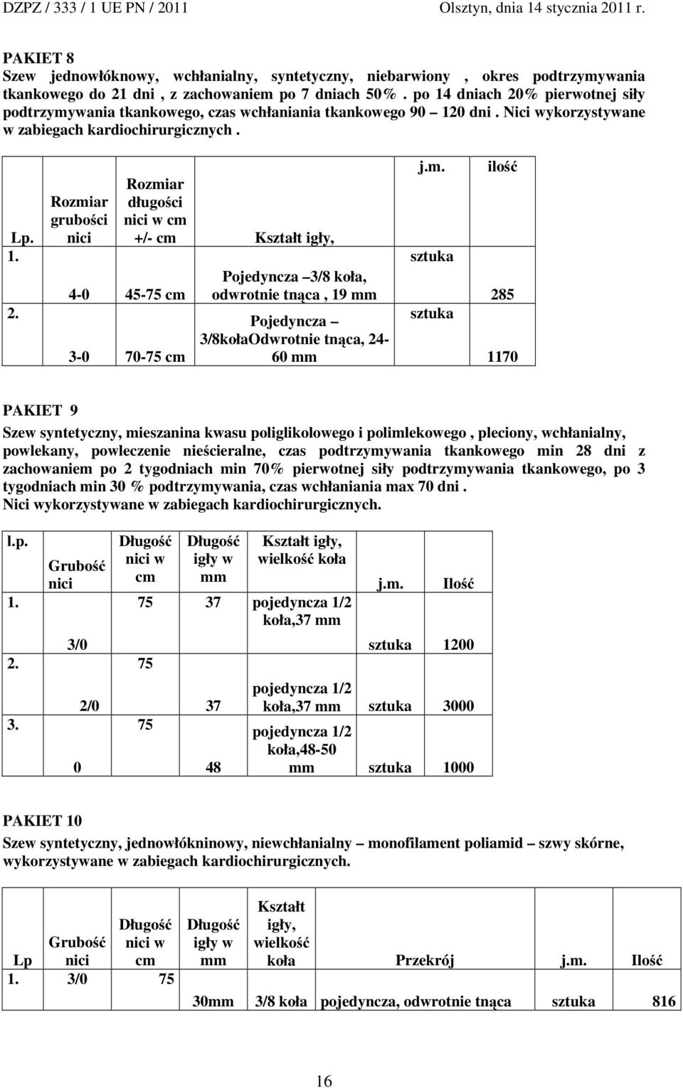 m. ilość 285 1170 PAKIET 9 Szew syntetyczny, mieszanina kwasu poliglikolowego i polimlekowego, pleciony, wchłanialny, powlekany, powleczenie nieścieralne, czas podtrzymywania tkankowego min 28 dni z