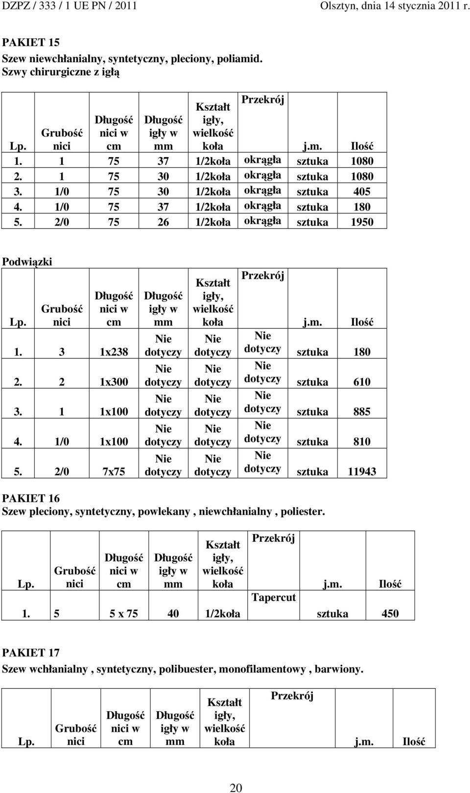 1 1x100 4. 1/0 1x100 5. 2/0 7x75 igły, Przekrój j.m. Ilość 180 610 885 810 11943 PAKIET 16 Szew pleciony, syntetyczny, powlekany, niewchłanialny, poliester. Lp.