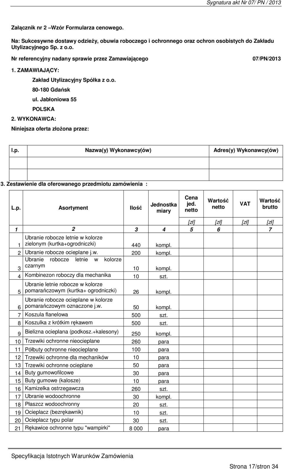 Zestawienie dla oferowanego przedmiotu zamówienia : L.p. Asortyment Ilość Jednostka miary Cena jed.