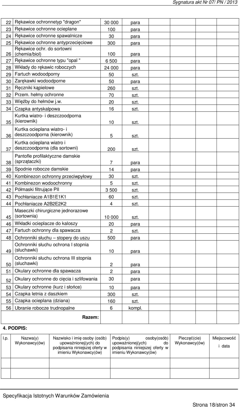 30 Zarękawki wodoodporne 50 para 31 Ręczniki kąpielowe 260 szt. 32 Przem. hełmy ochronne 70 szt. 33 Więźby do hełmów j.w. 20 szt. 34 Czapka antyskalpowa 16 szt.