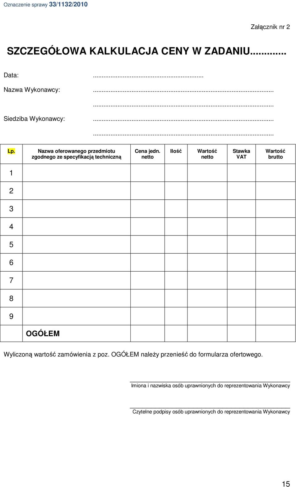 netto Ilość Wartość netto Stawka VAT Wartość brutto 1 2 3 4 5 6 7 8 9 OGÓŁEM Wyliczoną wartość zamówienia z poz.