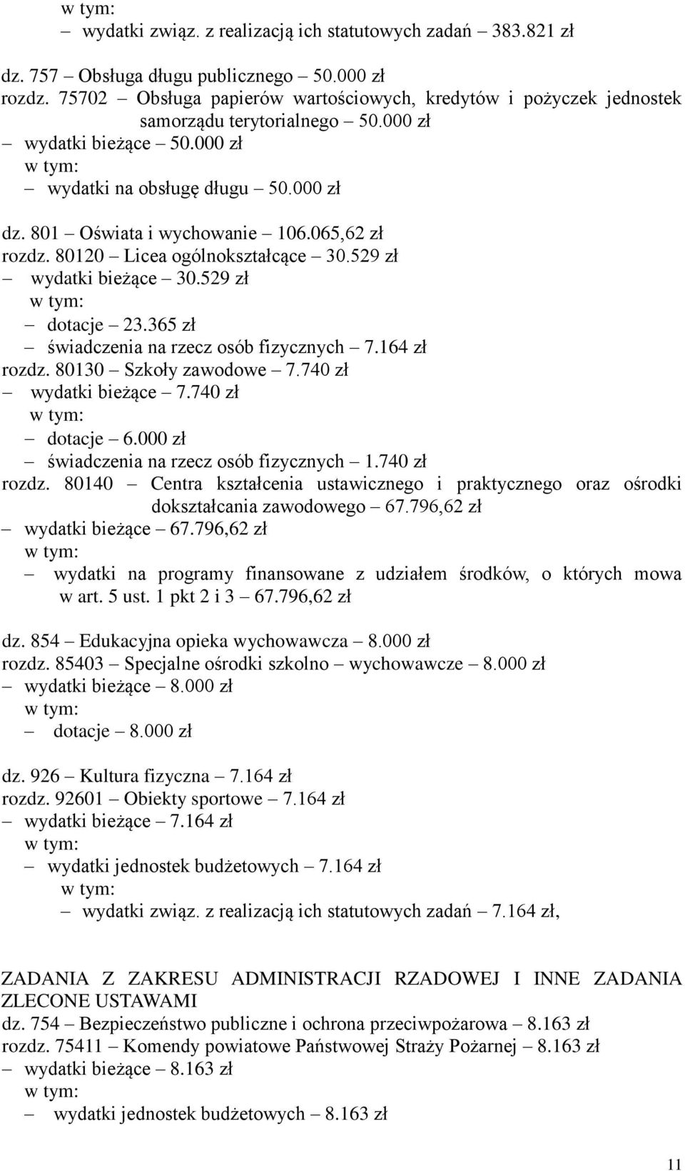 065,62 zł rozdz. 80120 Licea ogólnokształcące 30.529 zł wydatki bieżące 30.529 zł dotacje 23.365 zł świadczenia na rzecz osób fizycznych 7.164 zł rozdz. 80130 Szkoły zawodowe 7.