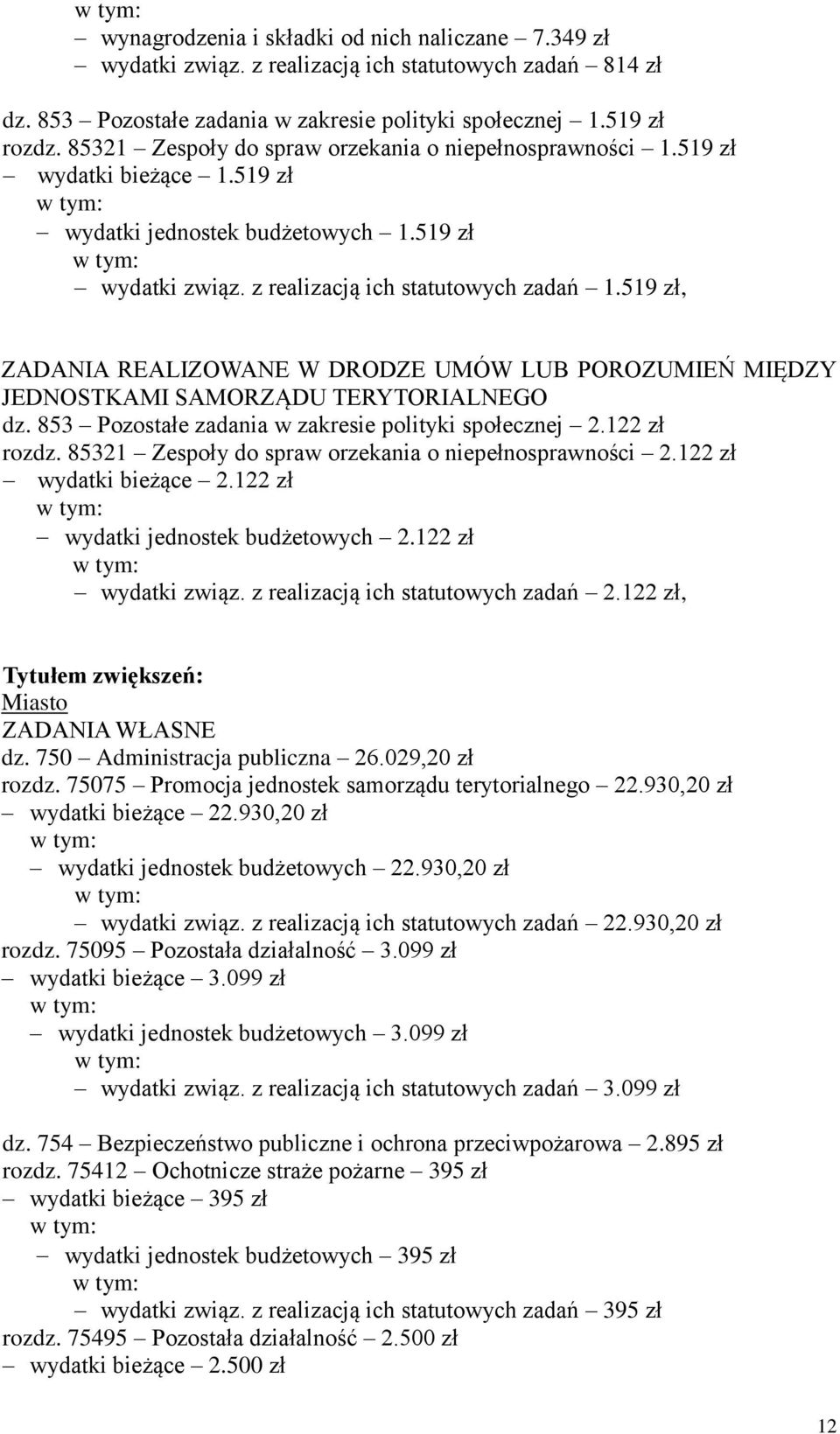 519 zł, ZADANIA REALIZOWANE W DRODZE UMÓW LUB POROZUMIEŃ MIĘDZY JEDNOSTKAMI SAMORZĄDU TERYTORIALNEGO dz. 853 Pozostałe zadania w zakresie polityki społecznej 2.122 zł rozdz.