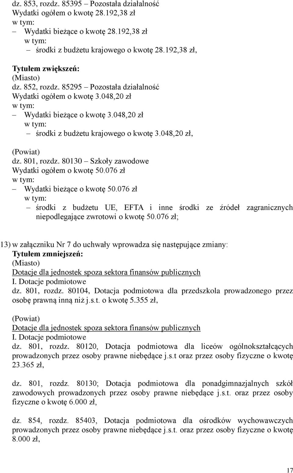 80130 Szkoły zawodowe Wydatki ogółem o kwotę 50.076 zł Wydatki bieżące o kwotę 50.076 zł środki z budżetu UE, EFTA i inne środki ze źródeł zagranicznych niepodlegające zwrotowi o kwotę 50.