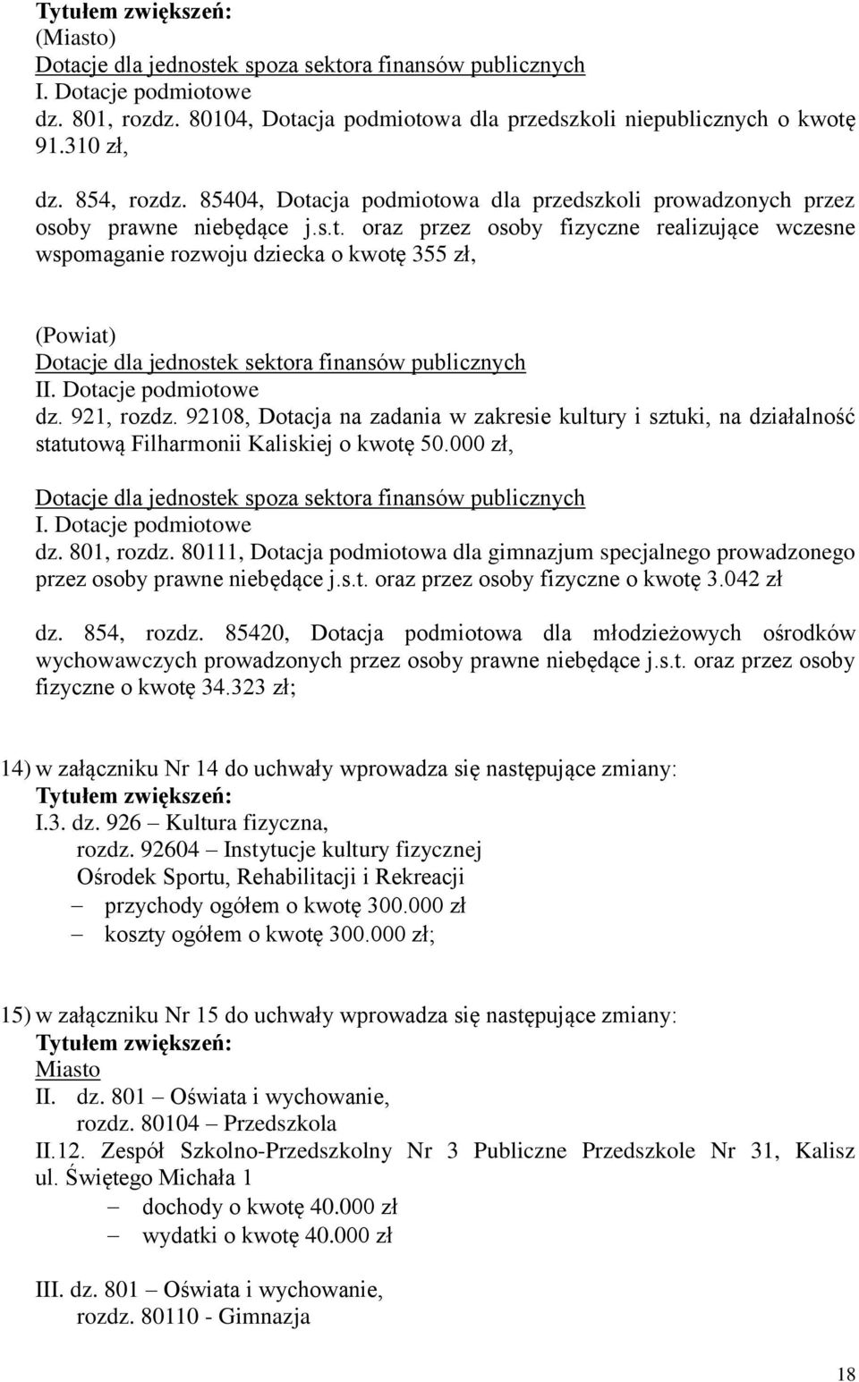 Dotacje podmiotowe dz. 921, rozdz. 92108, Dotacja na zadania w zakresie kultury i sztuki, na działalność statutową Filharmonii Kaliskiej o kwotę 50.