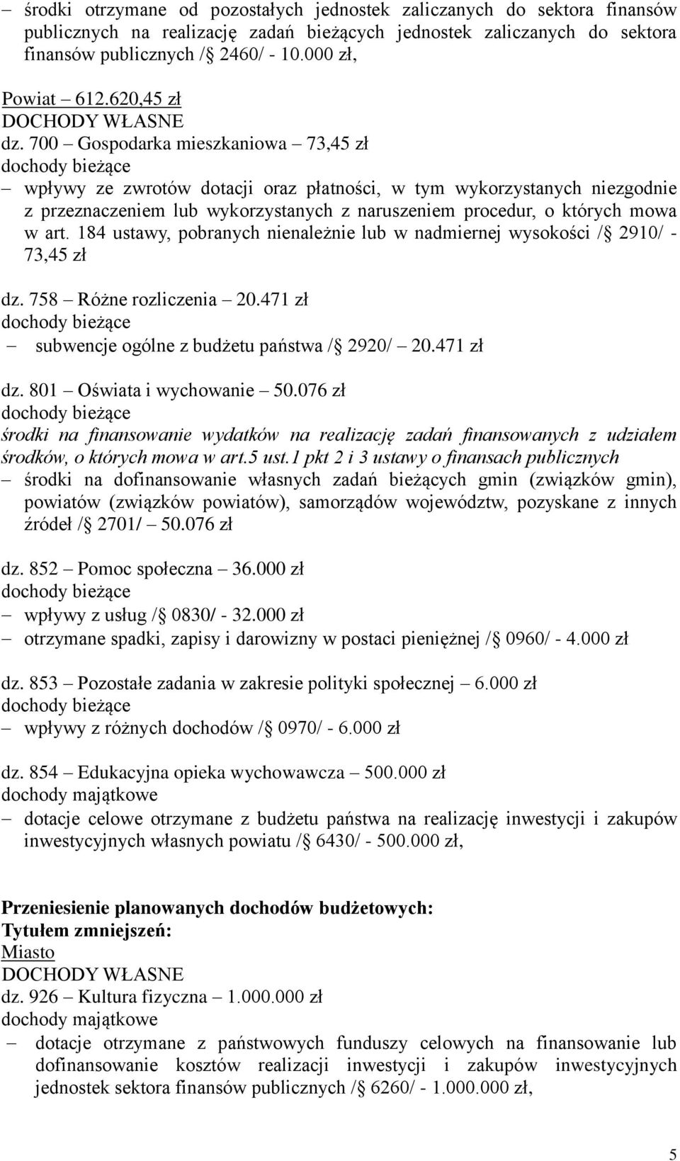 700 Gospodarka mieszkaniowa 73,45 zł dochody bieżące wpływy ze zwrotów dotacji oraz płatności, w tym wykorzystanych niezgodnie z przeznaczeniem lub wykorzystanych z naruszeniem procedur, o których