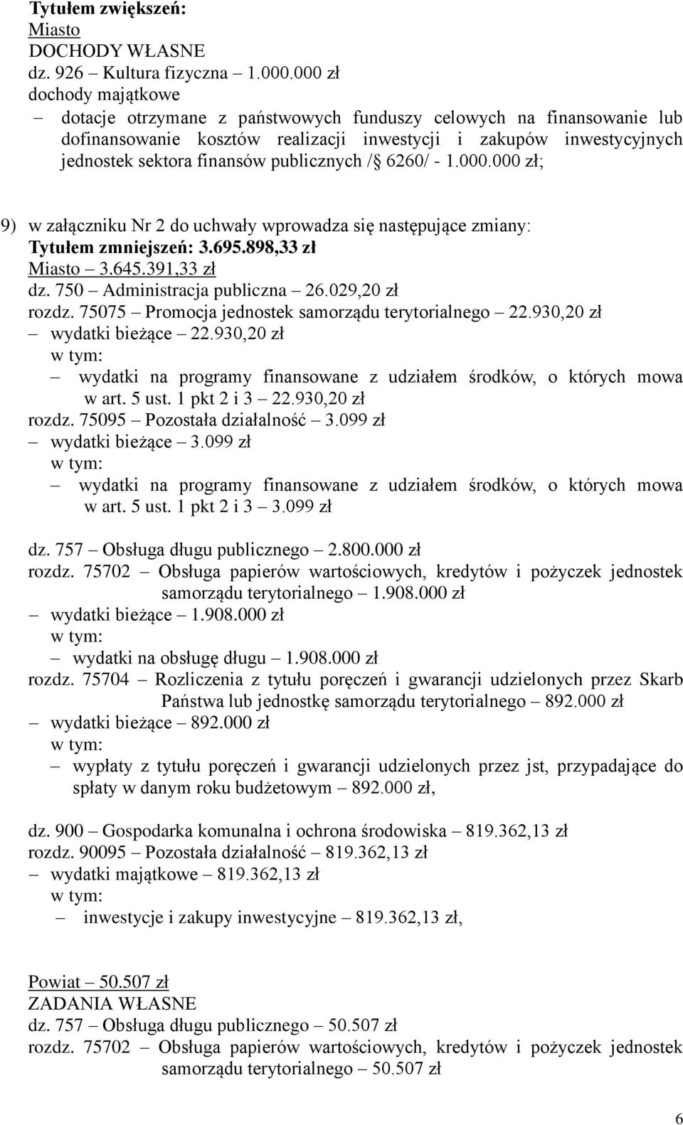 publicznych / 6260/ - 1.000.000 zł; 9) w załączniku Nr 2 do uchwały wprowadza się następujące zmiany: Tytułem zmniejszeń: 3.695.898,33 zł Miasto 3.645.391,33 zł dz. 750 Administracja publiczna 26.