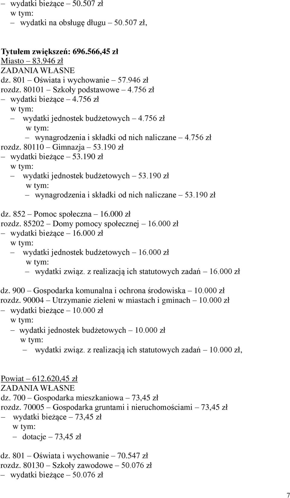 190 zł wydatki jednostek budżetowych 53.190 zł wynagrodzenia i składki od nich naliczane 53.190 zł dz. 852 Pomoc społeczna 16.000 zł rozdz. 85202 Domy pomocy społecznej 16.000 zł wydatki bieżące 16.