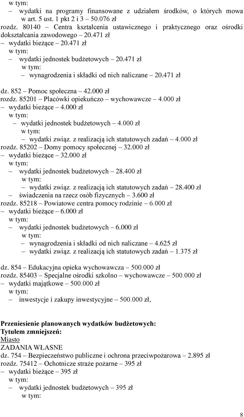 471 zł wynagrodzenia i składki od nich naliczane 20.471 zł dz. 852 Pomoc społeczna 42.000 zł rozdz. 85201 Placówki opiekuńczo wychowawcze 4.000 zł wydatki bieżące 4.