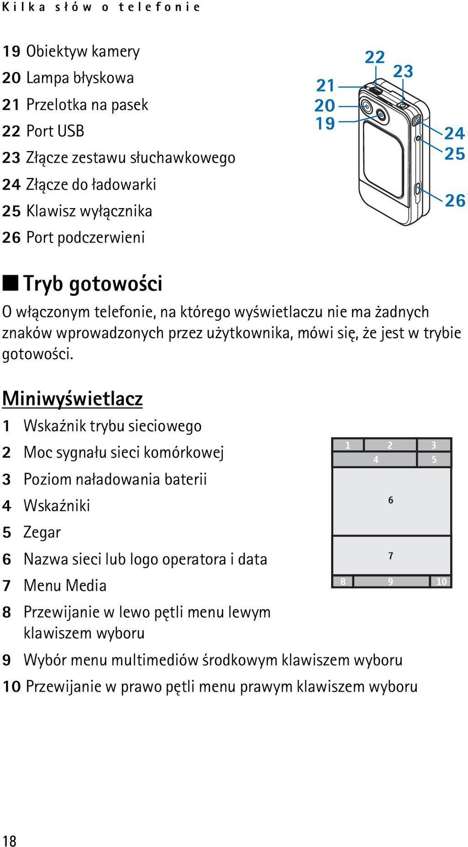 ci. Miniwy wietlacz 1 Wska¼nik trybu sieciowego 2 Moc sygna³u sieci komórkowej 3 Poziom na³adowania baterii 4 Wska¼niki 5 Zegar 6 Nazwa sieci lub logo operatora i data 7