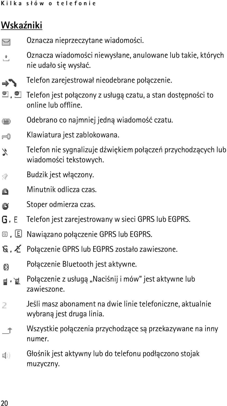 Telefon nie sygnalizuje d¼wiêkiem po³±czeñ przychodz±cych lub wiadomo ci tekstowych. Budzik jest w³±czony. Minutnik odlicza czas. Stoper odmierza czas.