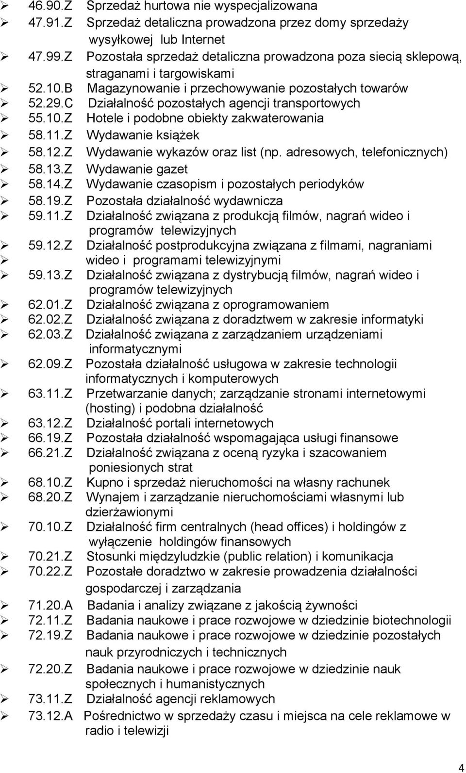 C Działalność pozostałych agencji transportowych 55.10.Z Hotele i podobne obiekty zakwaterowania 58.11.Z Wydawanie książek 58.12.Z Wydawanie wykazów oraz list (np. adresowych, telefonicznych) 58.13.