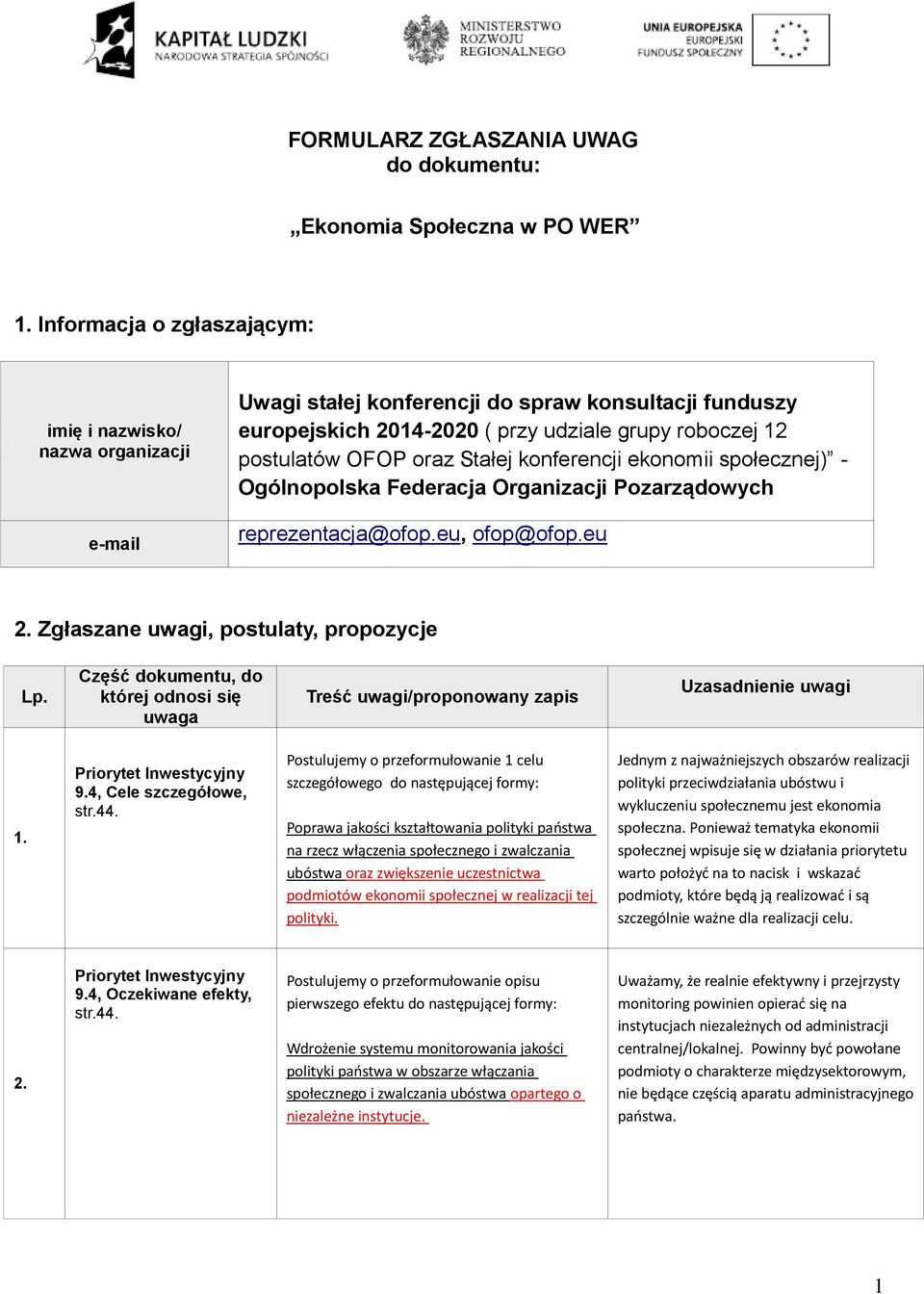 oraz Stałej konferencji ekonomii społecznej) - Ogólnopolska Federacja Organizacji Pozarządowych reprezentacja@ofop.eu, ofop@ofop.eu 2. Zgłaszane uwagi, postulaty, propozycje Lp.