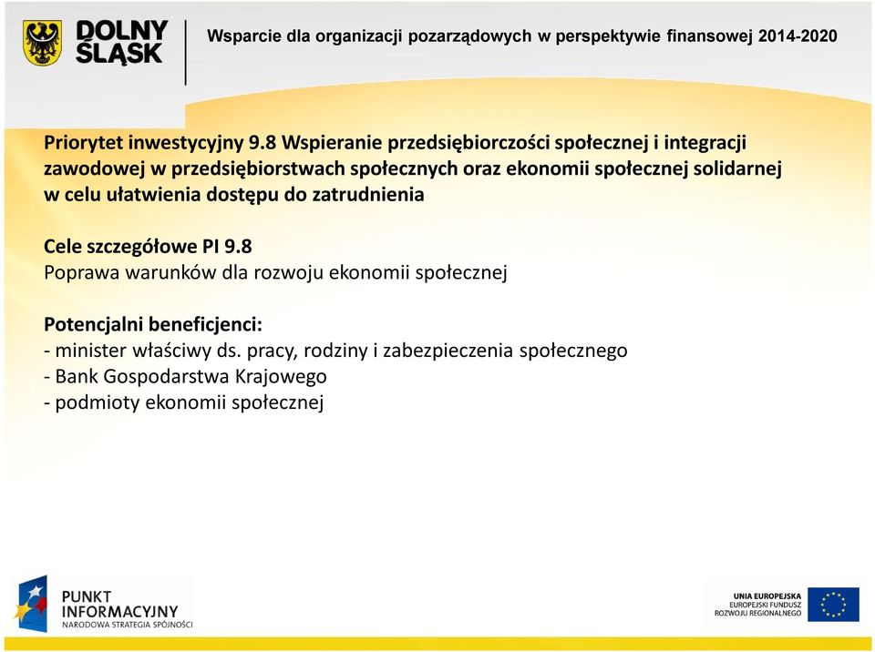 ekonomii społecznej solidarnej w celu ułatwienia dostępu do zatrudnienia Cele szczegółowe PI 9.