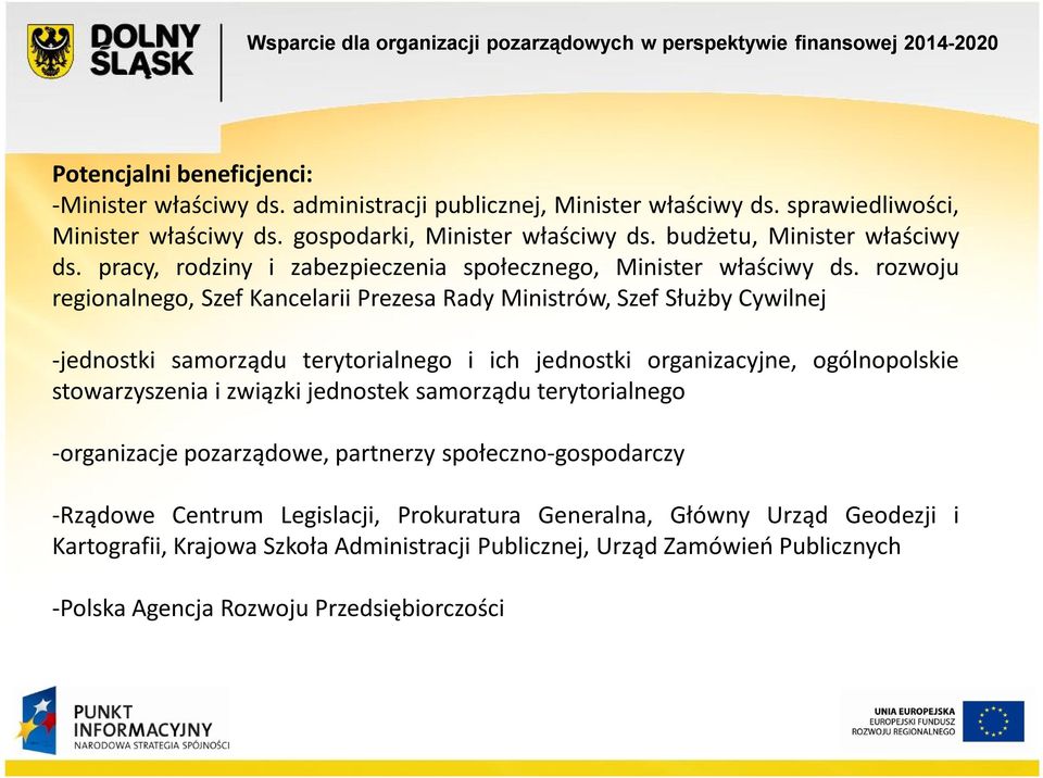 rozwoju regionalnego, Szef Kancelarii Prezesa Rady Ministrów, Szef Służby Cywilnej -jednostki samorządu terytorialnego i ich jednostki organizacyjne, ogólnopolskie stowarzyszenia i