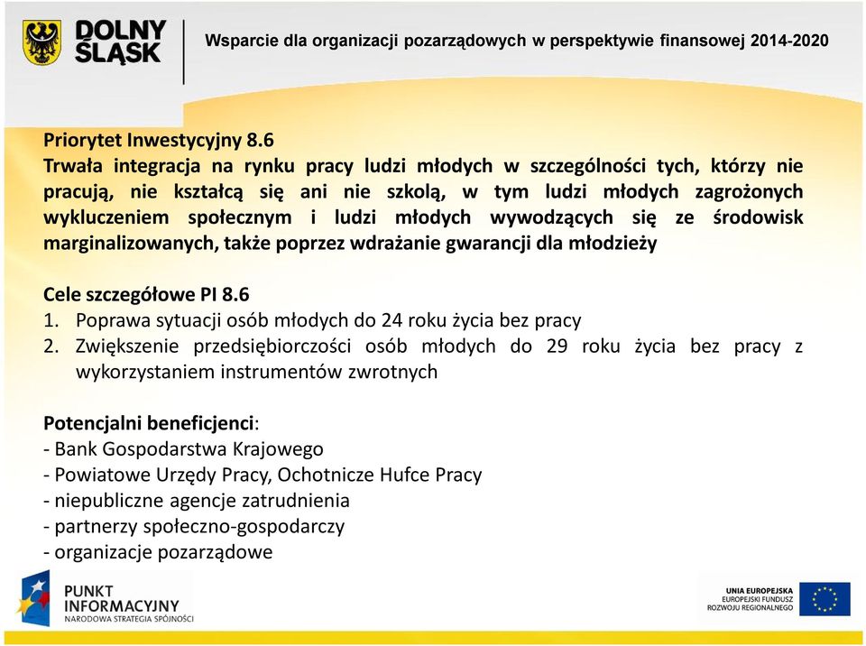 społecznym i ludzi młodych wywodzących się ze środowisk marginalizowanych, także poprzez wdrażanie gwarancji dla młodzieży Cele szczegółowe PI 8.6 1.