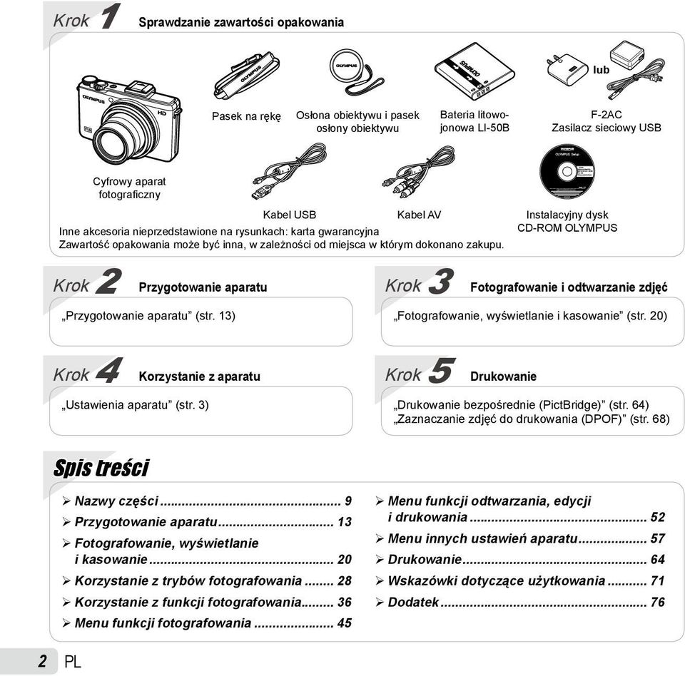 Krok 2 Przygotowanie aparatu Przygotowanie aparatu (str. 13) Krok 3 Fotografowanie i odtwarzanie zdjęć Fotografowanie, wyświetlanie i kasowanie (str.