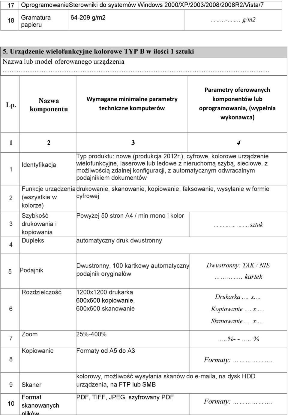 Nazwa komponentu Wymagane minimalne parametry techniczne komputerów Parametry oferowanych komponentów lub oprogramowania, (wypełnia wykonawca) 1 2 3 4 Identyfikacja Typ produktu: nowe (produkcja