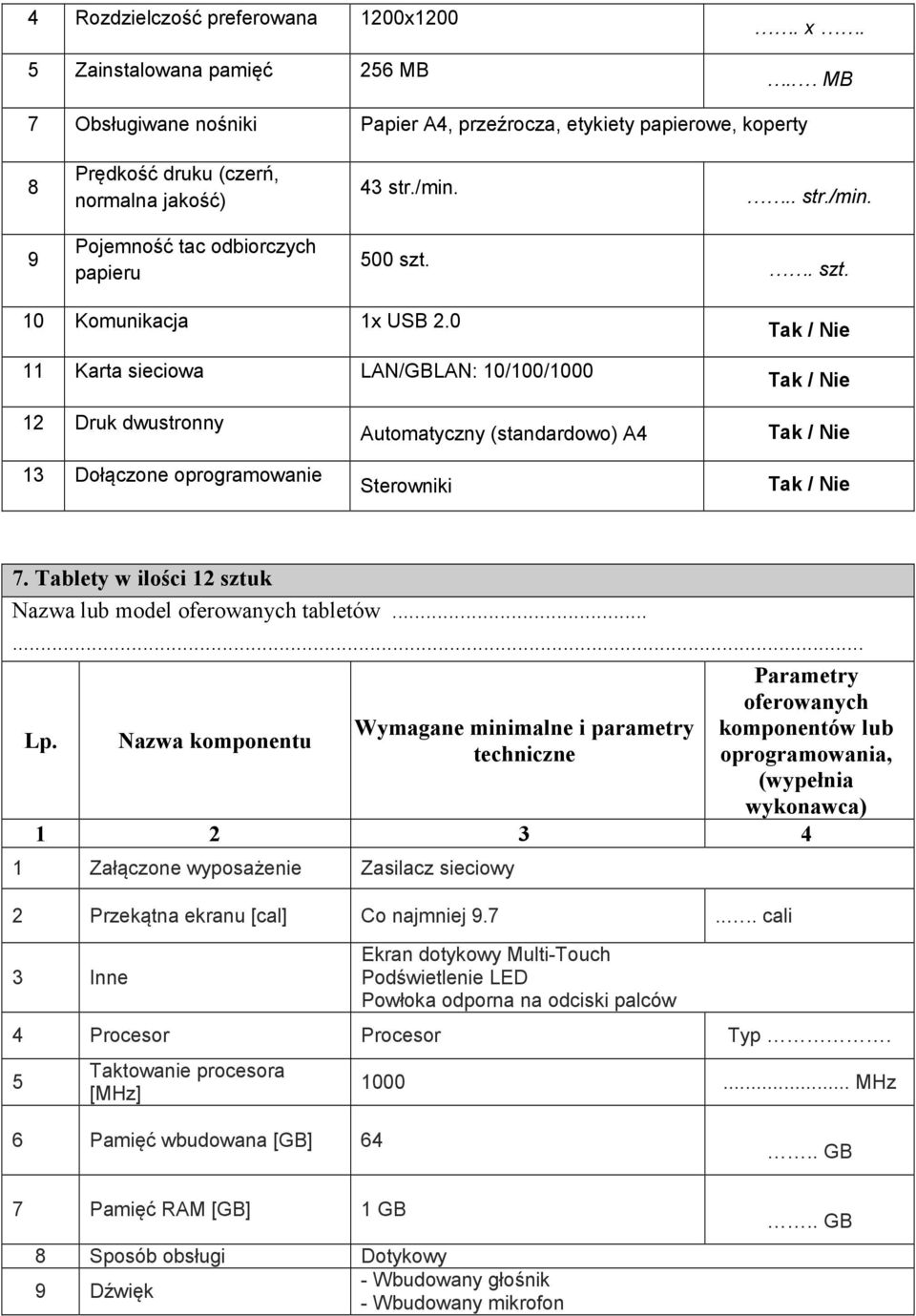 0 11 Karta sieciowa LAN/GBLAN: 10/100/1000 Tak / Nie Tak / Nie 12 Druk dwustronny 13 Dołączone oprogramowanie Automatyczny (standardowo) A4 Sterowniki Tak / Nie Tak / Nie 7.